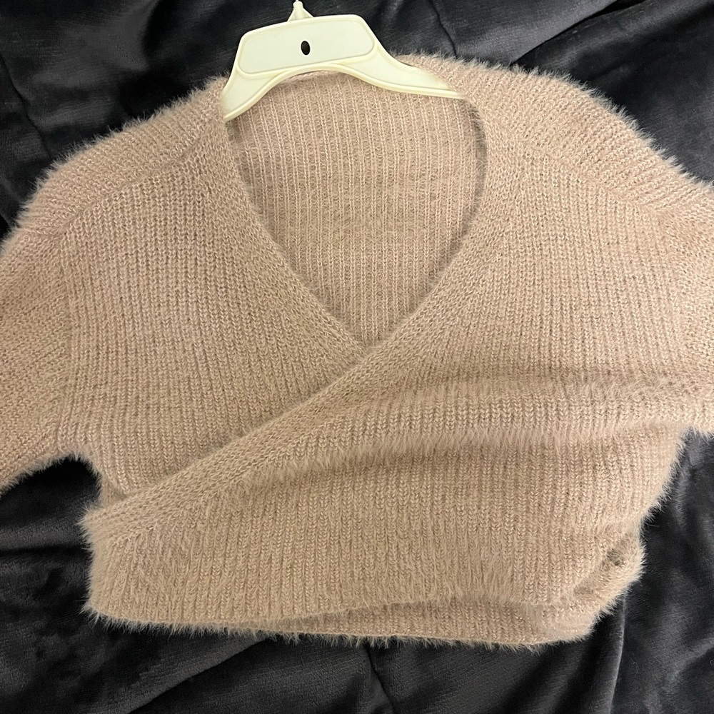 fuzzy tan wrap sweater
